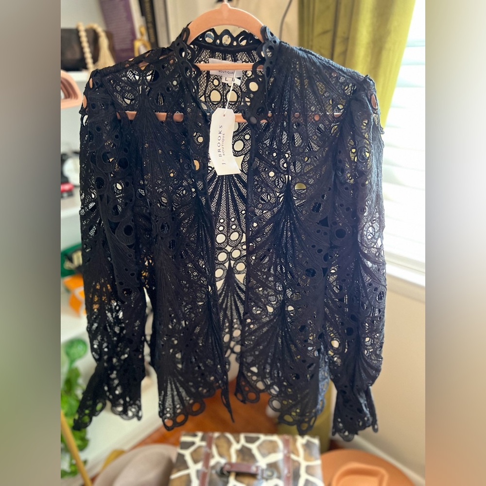 J Brooks Designer Lace Button Down Top